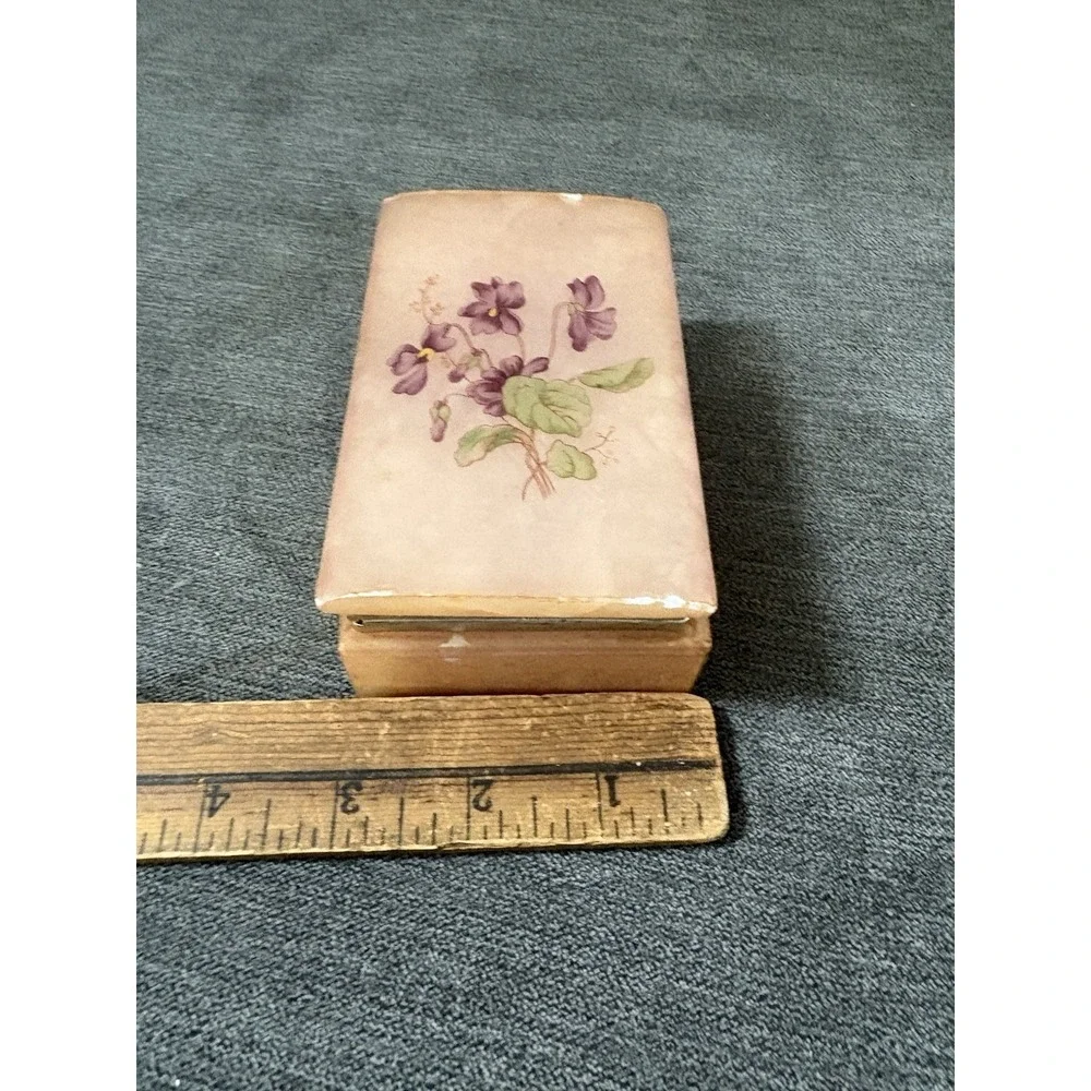 Vintage‎ Italian Pink Alabaster Jewelry Trinket Box Painted Floral Lid Italy